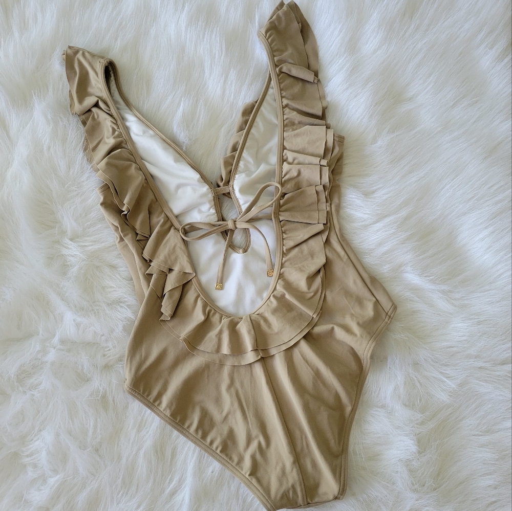 MICHAEL Michael Kors Khaki Ruffle Deep V One Piece Swimsuit 8 NWT - Picture 3 of 11